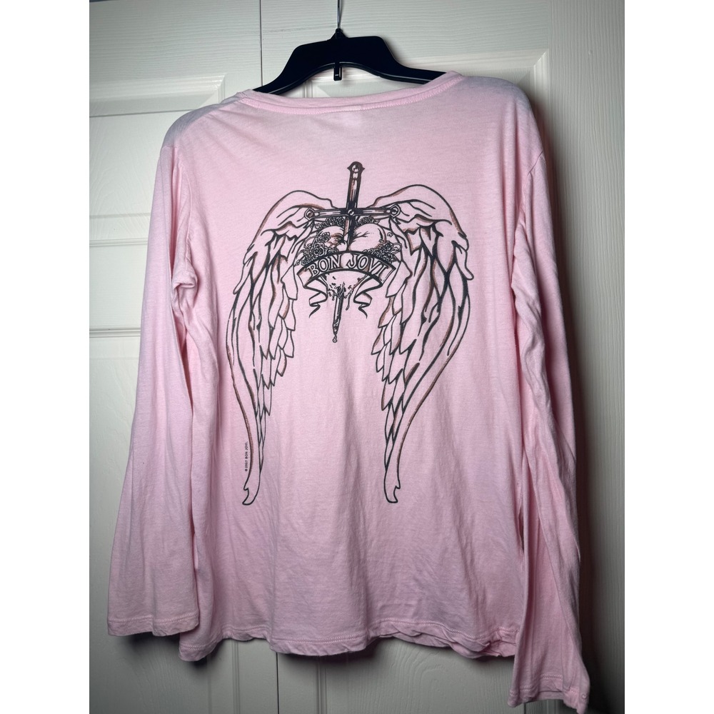 Bon Jovi Pink Long Sleeve Graphic Tee Shirt Winged Heart Dagger 2007 XXL